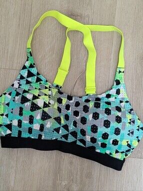 Victoria Sport Geometric Strappy Sports Bra 32C Neon Green Gray Triangle Print